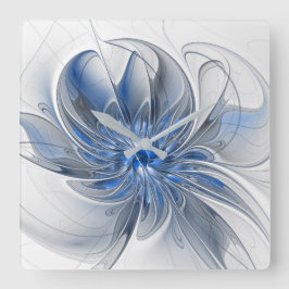 Abstract Blue Gray Watercolor Fractal Art Flower Quadratische Wanduhr