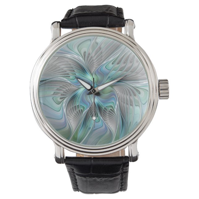 Abstract Blue Green Butterfly Fantasy Fractal Art Armbanduhr (Vorderseite)
