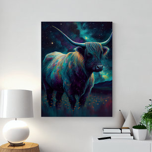 Abstract Blue Highland Cow In A Pasture At Night  Leinwanddruck