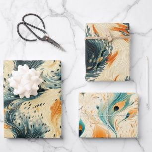 Abstract Blue Orange Cream Peacock Geschenkpapier Set