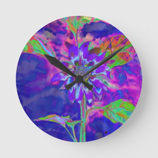 Abstract blue purple sunflower | retro funky runde wanduhr (Vorderseite)