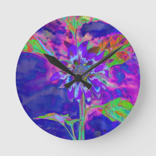 Abstract blue purple sunflower   retro funky  runde wanduhr