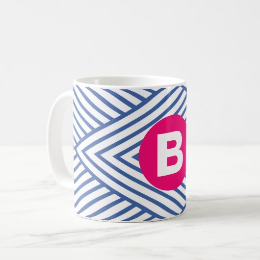Abstract Blue Stripey Pattern Pink Monogram Kaffeetasse (Vorderseite Links)