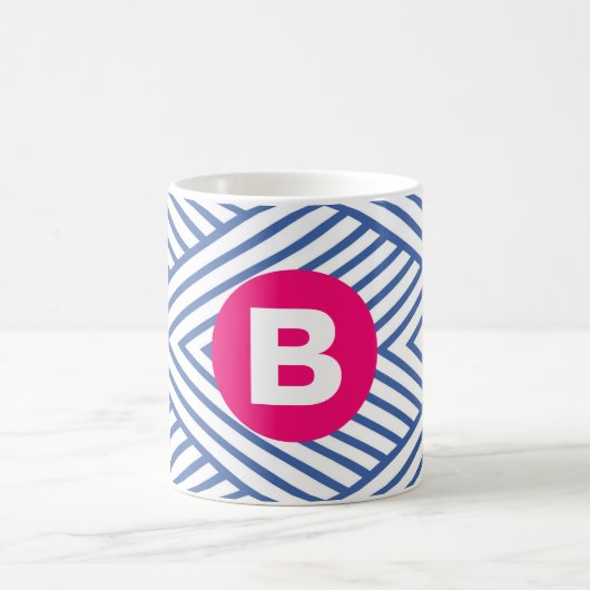 Abstract Blue Stripey Pattern Pink Monogram Kaffeetasse (Mittel)