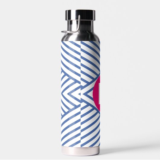Abstract Blue Stripey Pattern Pink Monogram Trinkflasche (Rechts)