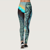 Abstract Blue Turquoise Orange Fractal Art Spiral Leggings (Rückseite)