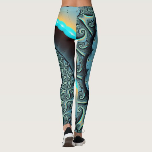 Abstract Blue Turquoise Orange Fractal Art Spiral Leggings (Rückseite)