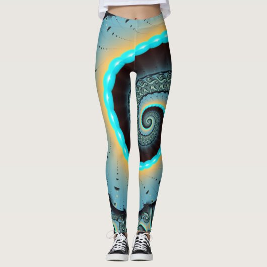 Abstract Blue Turquoise Orange Fractal Art Spiral Leggings (Vorderseite)