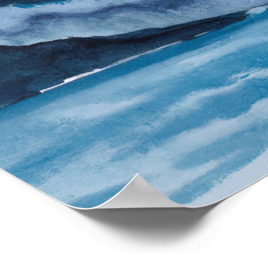 Abstract Blue Watercolor Landscape Mountains Ocean Poster (Ecke)