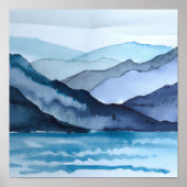 Abstract Blue Watercolor Landscape Mountains Ocean Poster (Vorne)