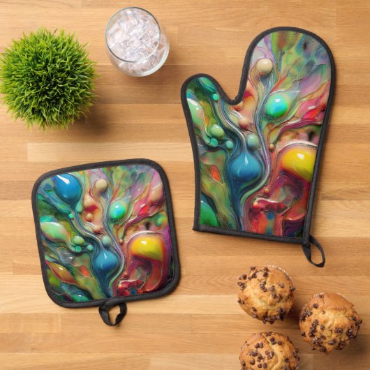  ABSTRACT BUBBLES OFENHANDSCHUH & Topflappen-Set (Oben Unten)