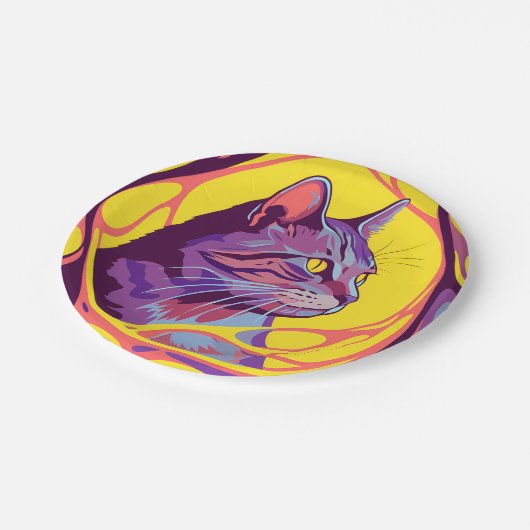 Abstract Cat: Pop Art Psychedelic Swirl Pappteller (Schrägansicht)