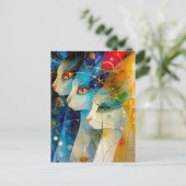 Abstract cat portrait set against a vibrant galaxy postkarte (Stehend Vorderseite)