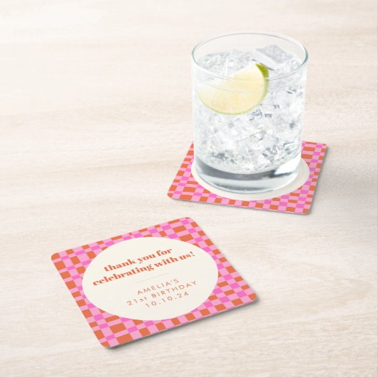 Abstract Checker Pink Custom 21st Birthday Thanks Rechteckiger Pappuntersetzer (Vor Ort)