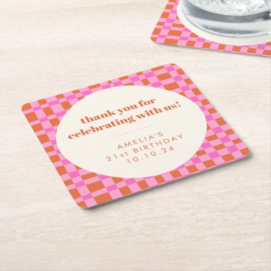 Abstract Checker Pink Custom 21st Birthday Thanks Rechteckiger Pappuntersetzer (angewinkelt)