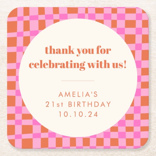 Abstract Checker Pink Custom 21st Birthday Thanks Rechteckiger Pappuntersetzer (Vorderseite)