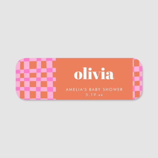 Abstract Checker Pink Orange Benutzerdefinierte Ba Namensschild (Vorderseite)