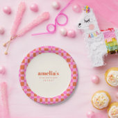 Abstract Checker Pink Orange Custom  21st Birthday Pappteller (Party)