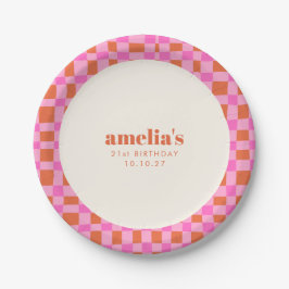 Abstract Checker Pink Orange Custom  21st Birthday Pappteller