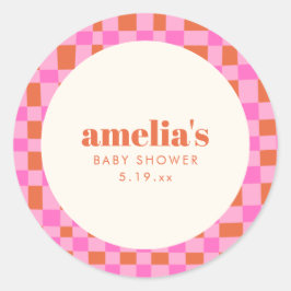 Abstract Checker Pink Orange Custom Baby Shower Runder Aufkleber