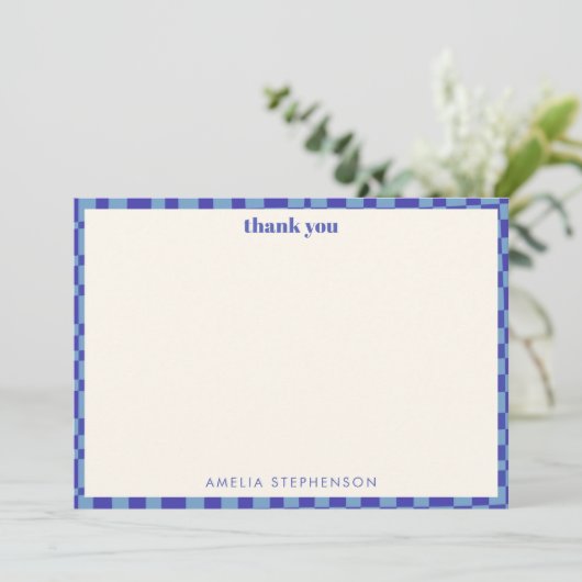 Abstract Checkerboard Blue Custom Baby Shower Dankeskarte (Stehend Vorderseite)