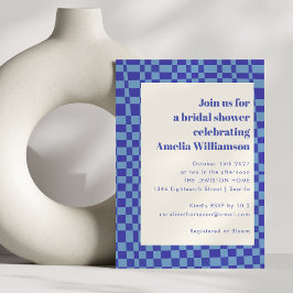 Abstract Checkered Art Blue Retro Bridal Shower Einladung