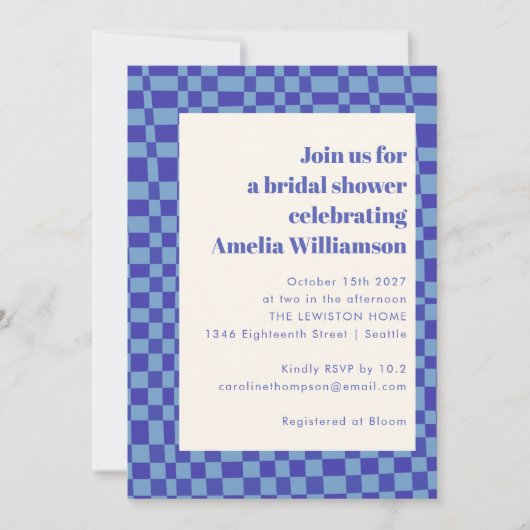 Abstract Checkered Art Blue Retro Bridal Shower Einladung (Vorderseite)