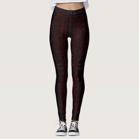 Abstract Cyber Pattern | Black & Crimson Circuit  Leggings (Vorderseite)
