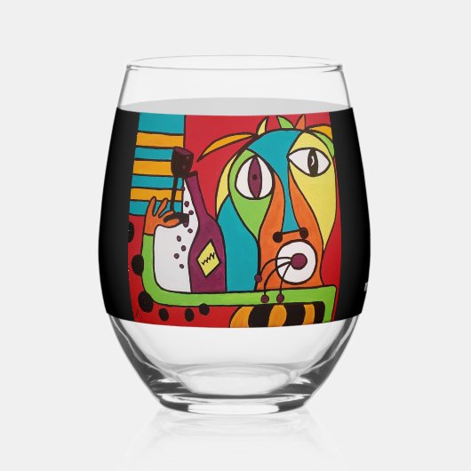 Abstract Face with Wine Stemless Wine Glass Weinglas Ohne Stiel (Vorderseite)