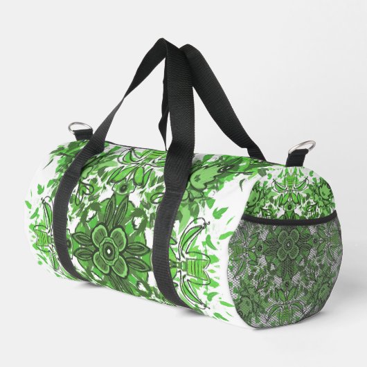 Abstract Floral Pattern In Black & Green On White Duffle Bag (Rechte Ecke)