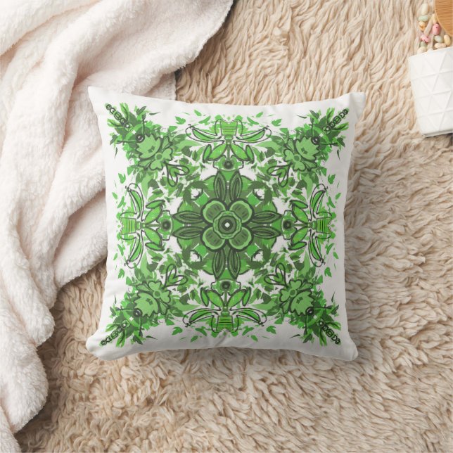 Abstract Floral Pattern In Black & Green On White Kissen (Decke)