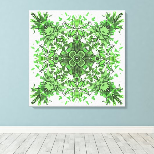 Abstract Floral Pattern In Black & Green On White Leinwanddruck (Insitu (Holzboden))