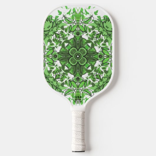 Abstract Floral Pattern In Black & Green On White Pickleball Schläger (Vorderseite)