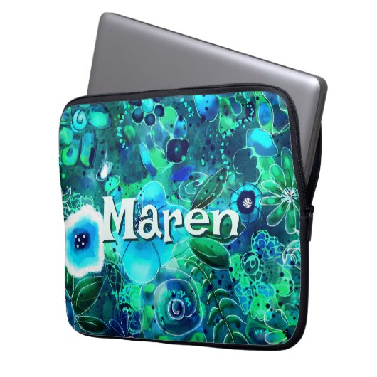 Abstract Floral Teal Blue Green Personalized Laptopschutzhülle (Vorderseite Links)