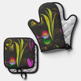 Abstract Floral with Spirals 1 Ofenhandschuh & Topflappen-Set