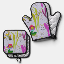 Abstract Floral with Spirals 3 Ofenhandschuh & Topflappen-Set