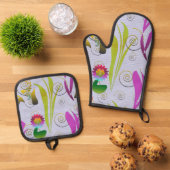 Abstract Floral with Spirals 3 Ofenhandschuh & Topflappen-Set (Oben Unten)