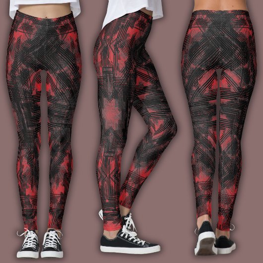 Abstract Geometric Pattern | Black and Red Leggings
