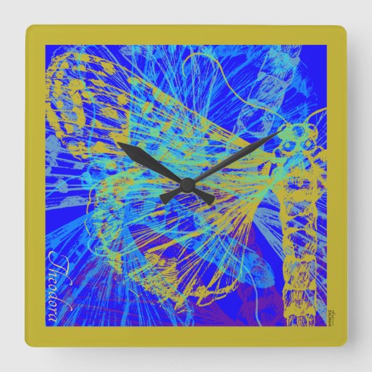 Abstract Gold Butterfly Blue Pastel Quadratische Wanduhr (Vorderseite)