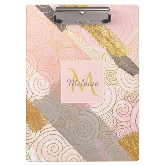 Abstract Gold Stripes and Pink Swirls Personalised Klemmbrett (Vorderseite)