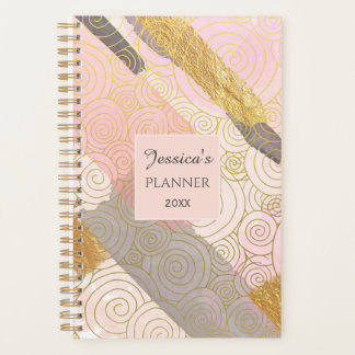Abstract Gold Stripes and Pink Swirls Personalised Planer