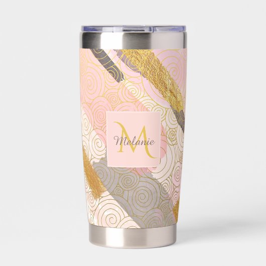 Abstract Gold Stripes and Pink Swirls Personalised Thermobecher (Vorderseite)