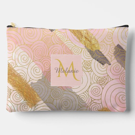 Abstract Gold Stripes and Pink Swirls Personalised Zubehörtasche (Vorderseite)