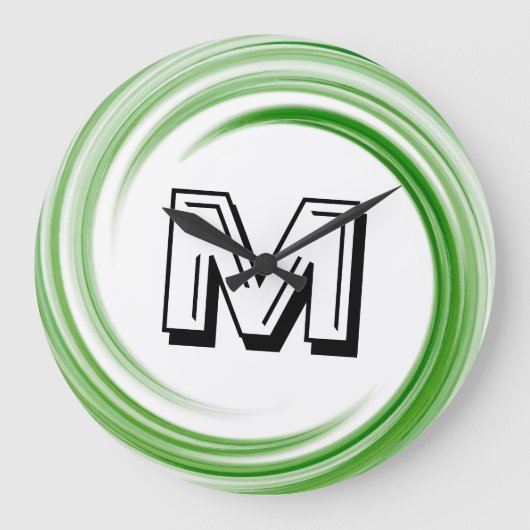 Abstract Green Swirl Monogram Große Wanduhr (Vorderseite)