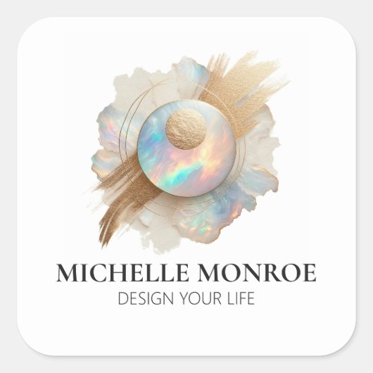 Abstract Holographic Opal with Gold Brushstrokes Quadratischer Aufkleber (Vorderseite)