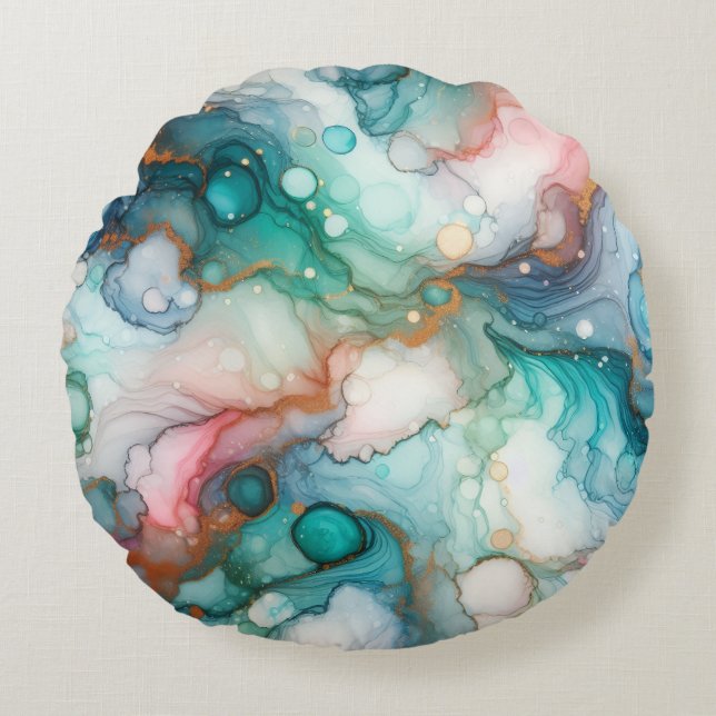Abstract in Pink, Teal, Blue, and Gold Rundes Kissen (Vorderseite)