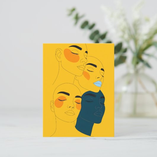 Abstract Line Art Print, Four Overlapping Faces Postkarte (Stehend Vorderseite)