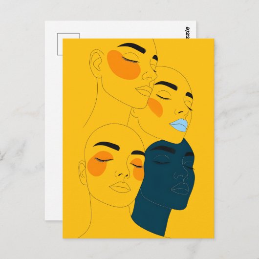 Abstract Line Art Print, Four Overlapping Faces Postkarte (Vorne/Hinten)