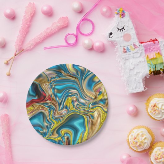abstract marble swirls yellow teal turquoise blue pappteller (Party)