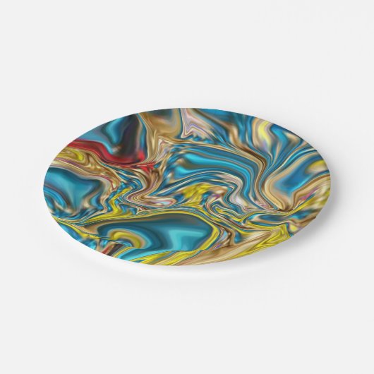 abstract marble swirls yellow teal turquoise blue pappteller (Schrägansicht)